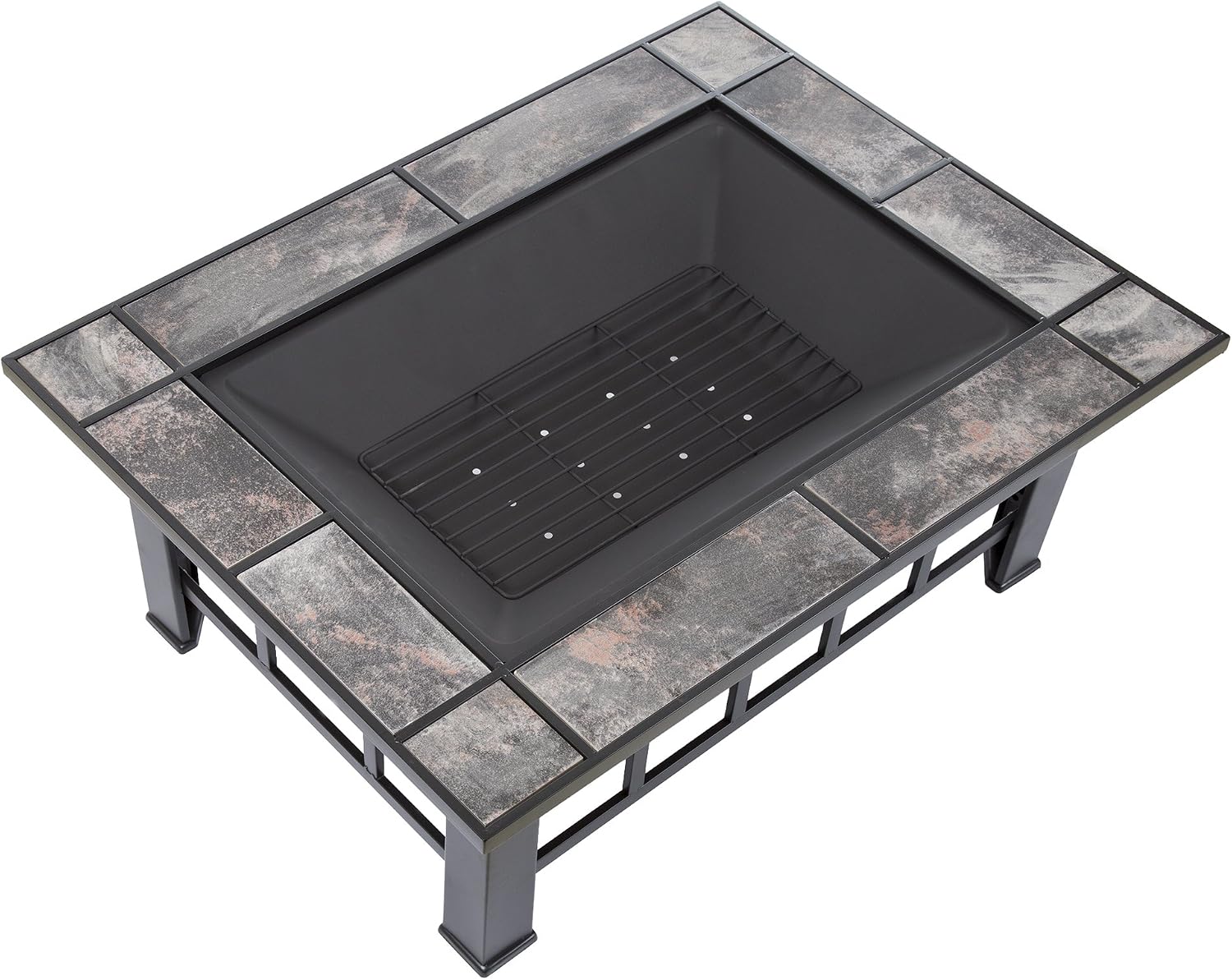 Pure Garden 37 inch marble tile rectangular wood burning fire pit set with screen, cover and log poker